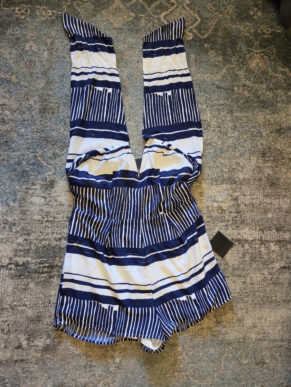 Lulus Delphi Navy Blue & White Striped Tie-Front Strapless Romper - Size XL